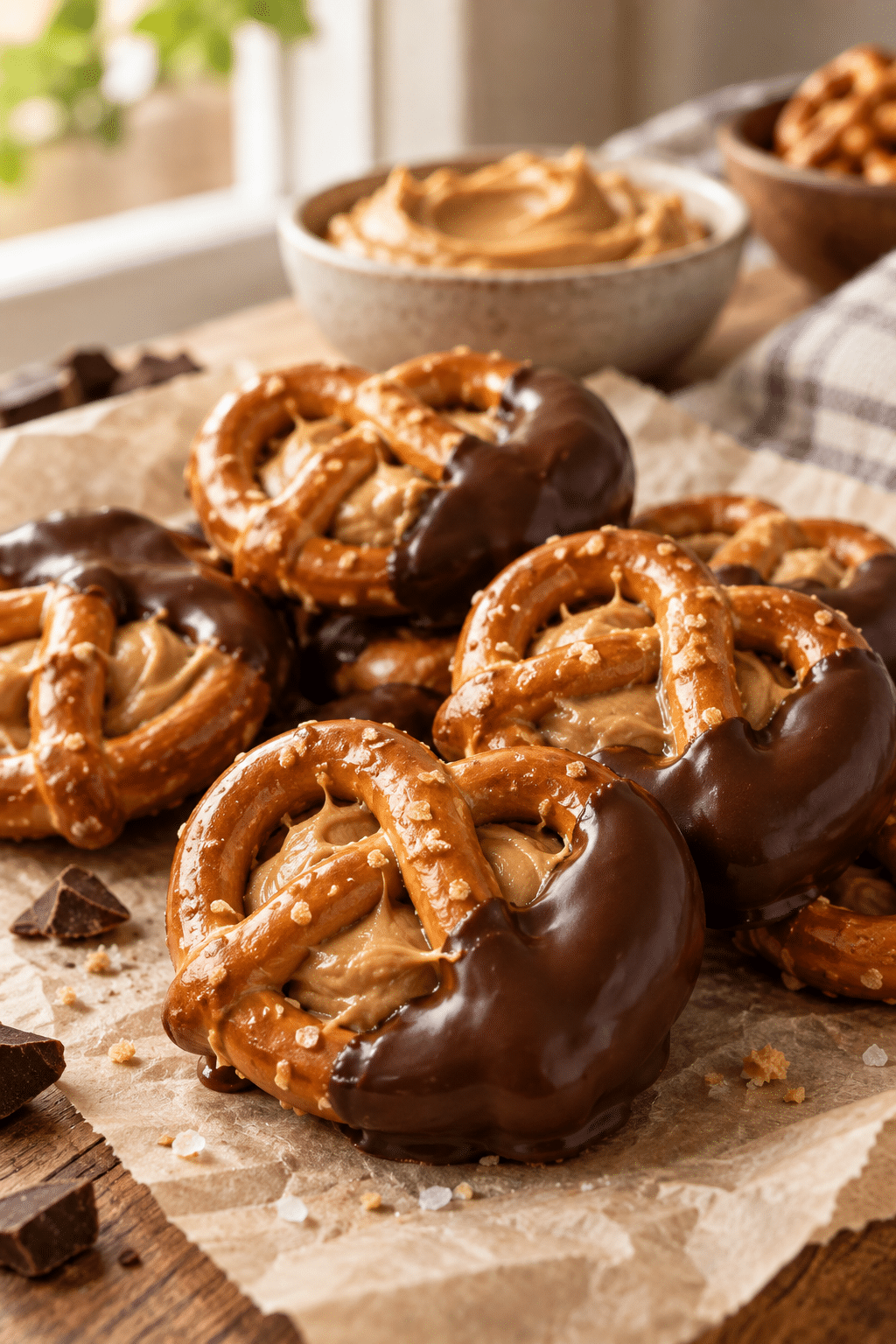 finished chocolate dipped peanut butter pretzels