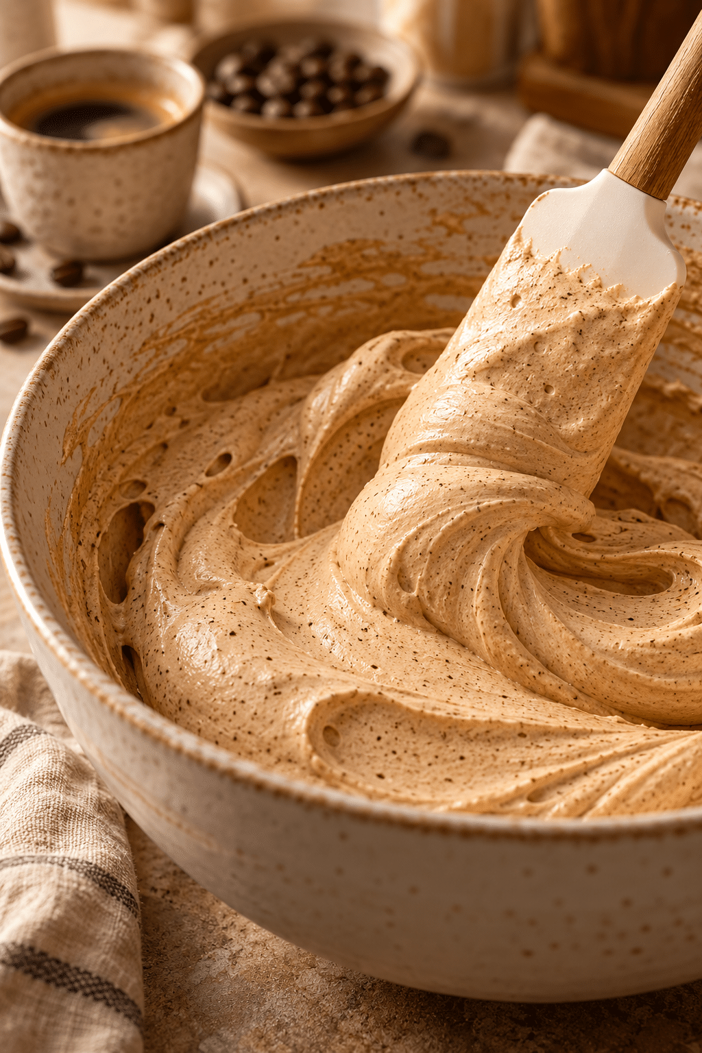 coffee mousse recipe being folded until fluffy