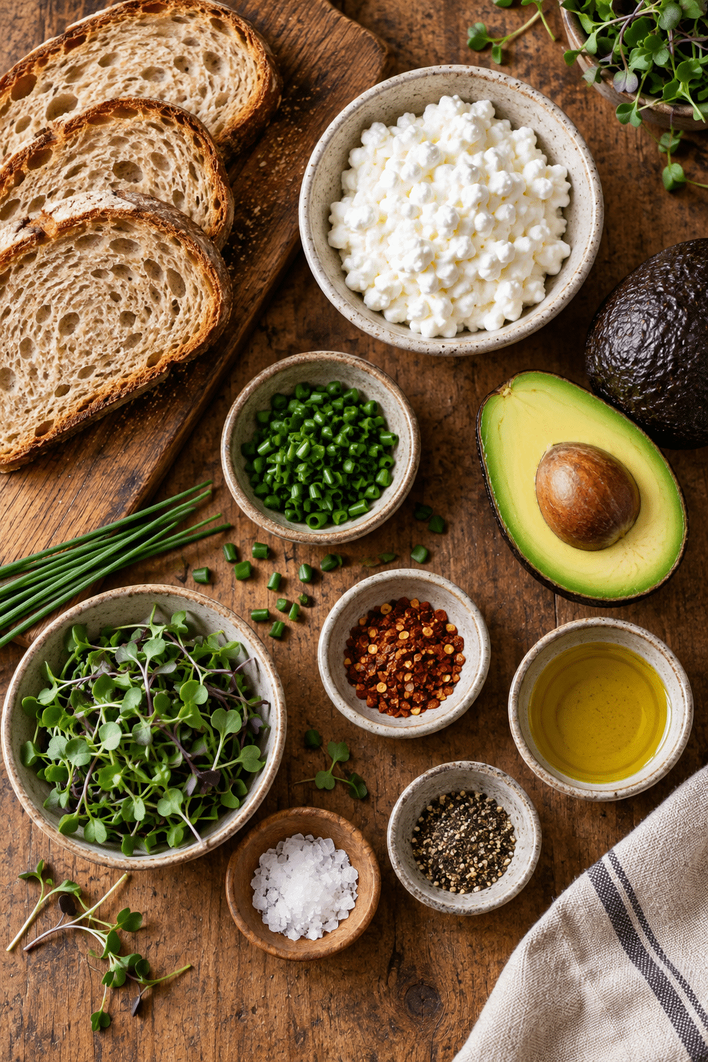 cottage cheese avocado toast ingredients arranged for preparation