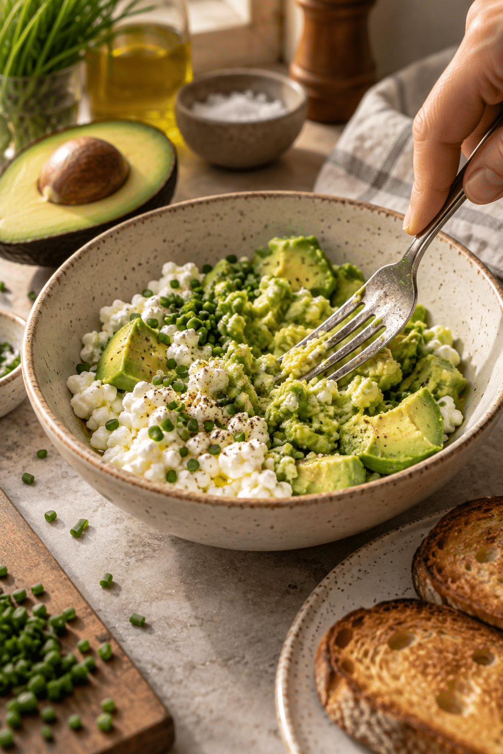 mixing avocado and cottage cheese for cottage cheese avocado toast