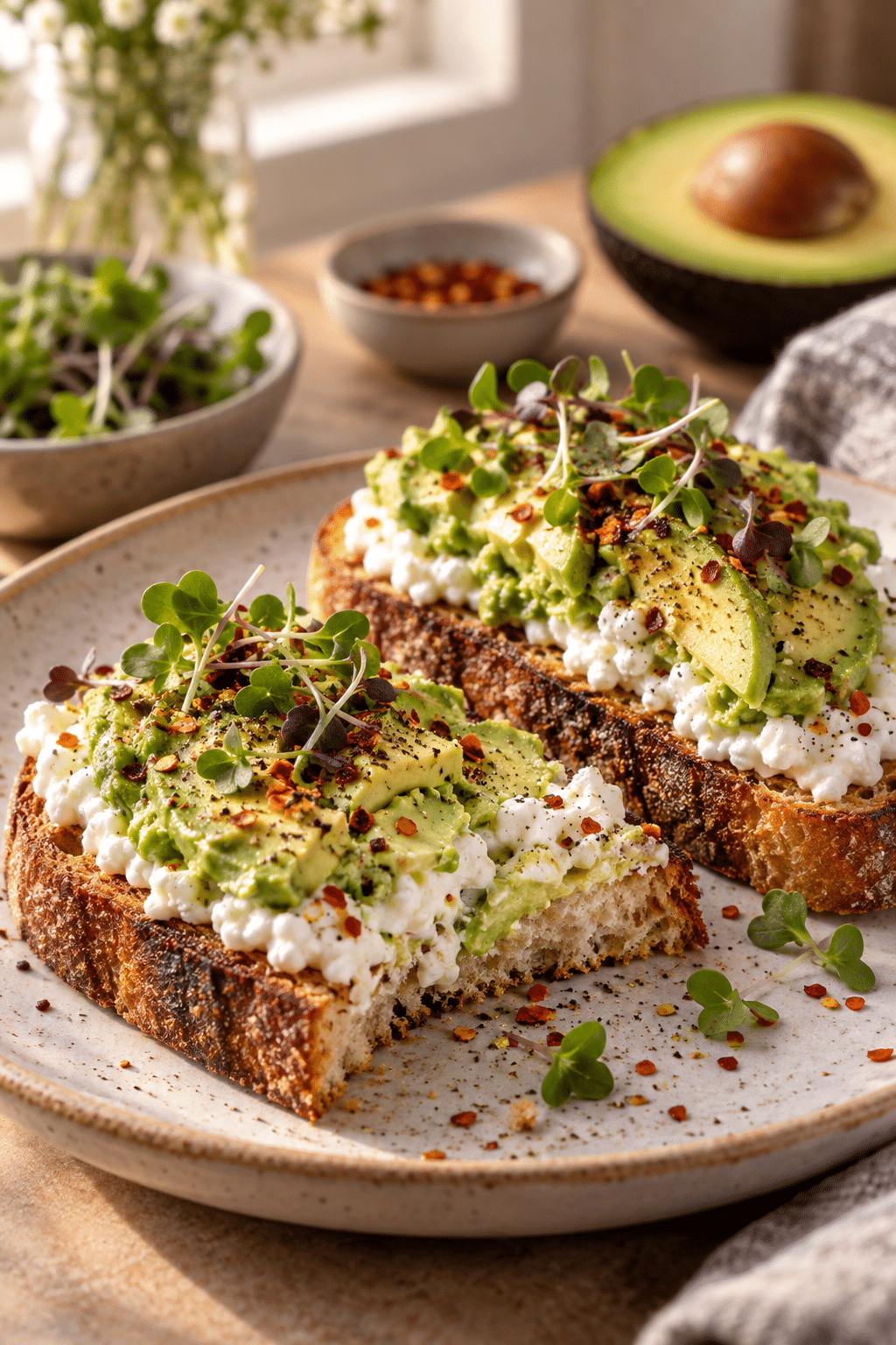 cottage cheese avocado toast served with microgreens