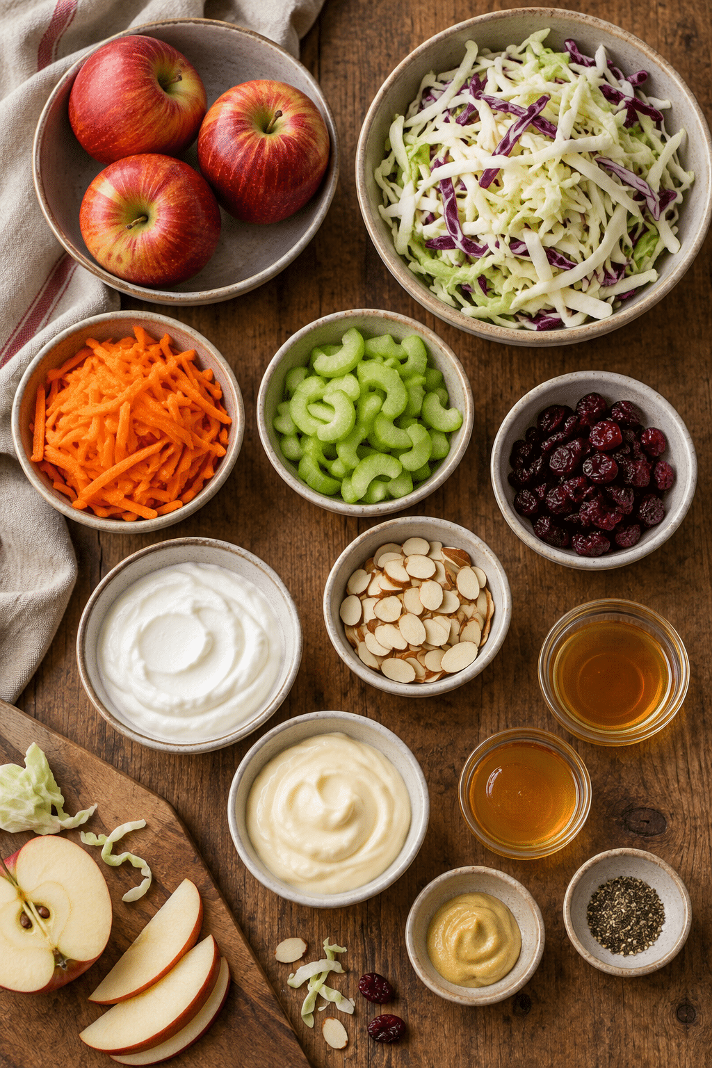 ingredients for creamy cranberry apple slaw arranged on a warm kitchen surface