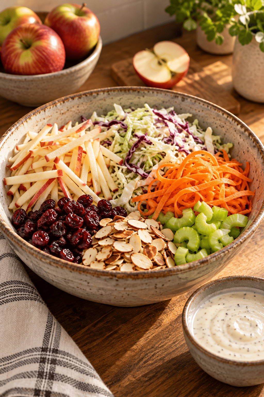 creamy cranberry apple slaw ingredients and dressing ready to toss