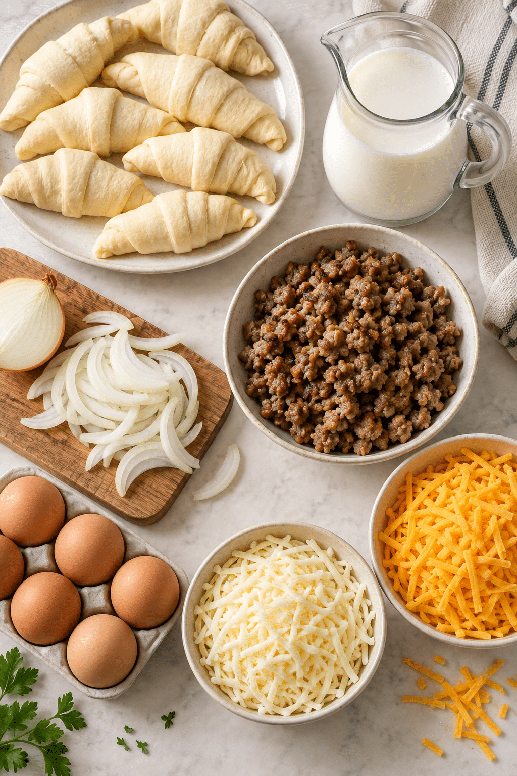 Ingredients for crescent roll breakfast casserole arranged for preparation