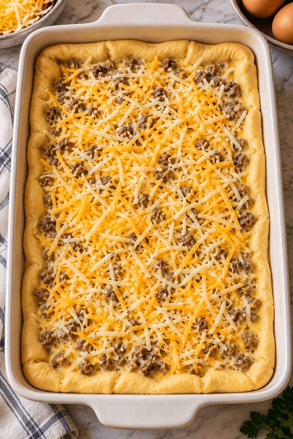 Layered crescent roll breakfast casserole ready to bake