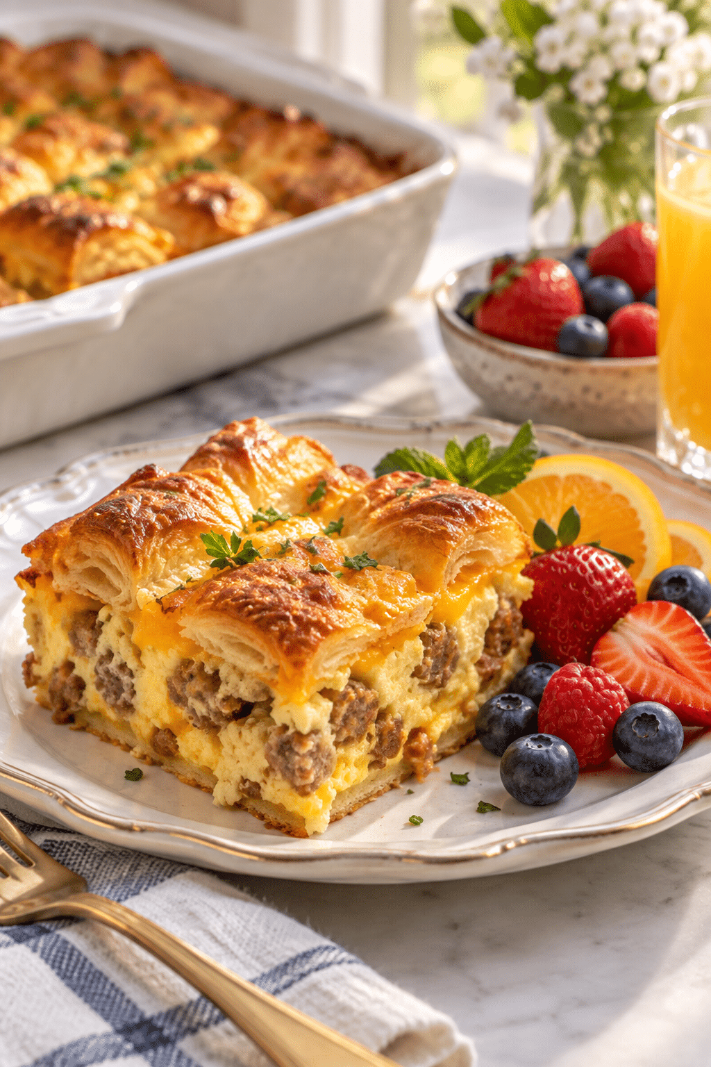 Golden crescent roll breakfast casserole sliced for serving