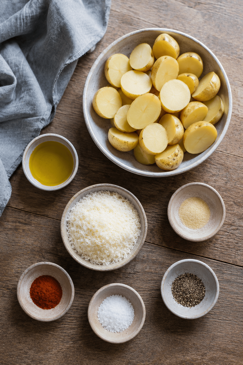 crispy Parmesan potato bites ingredients measured and arranged