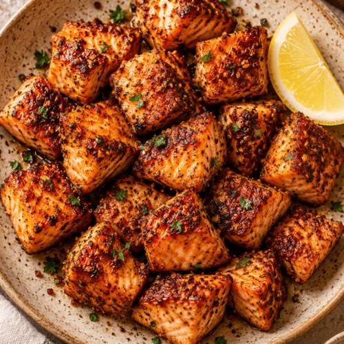 Crispy spicy salmon bites on a serving plate