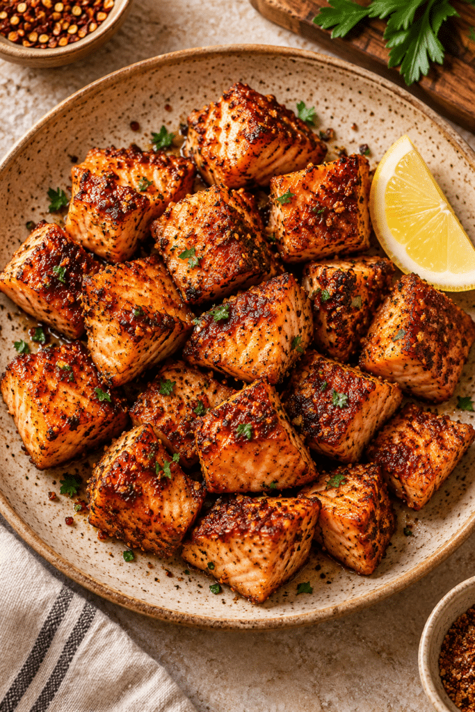 Crispy spicy salmon bites on a serving plate
