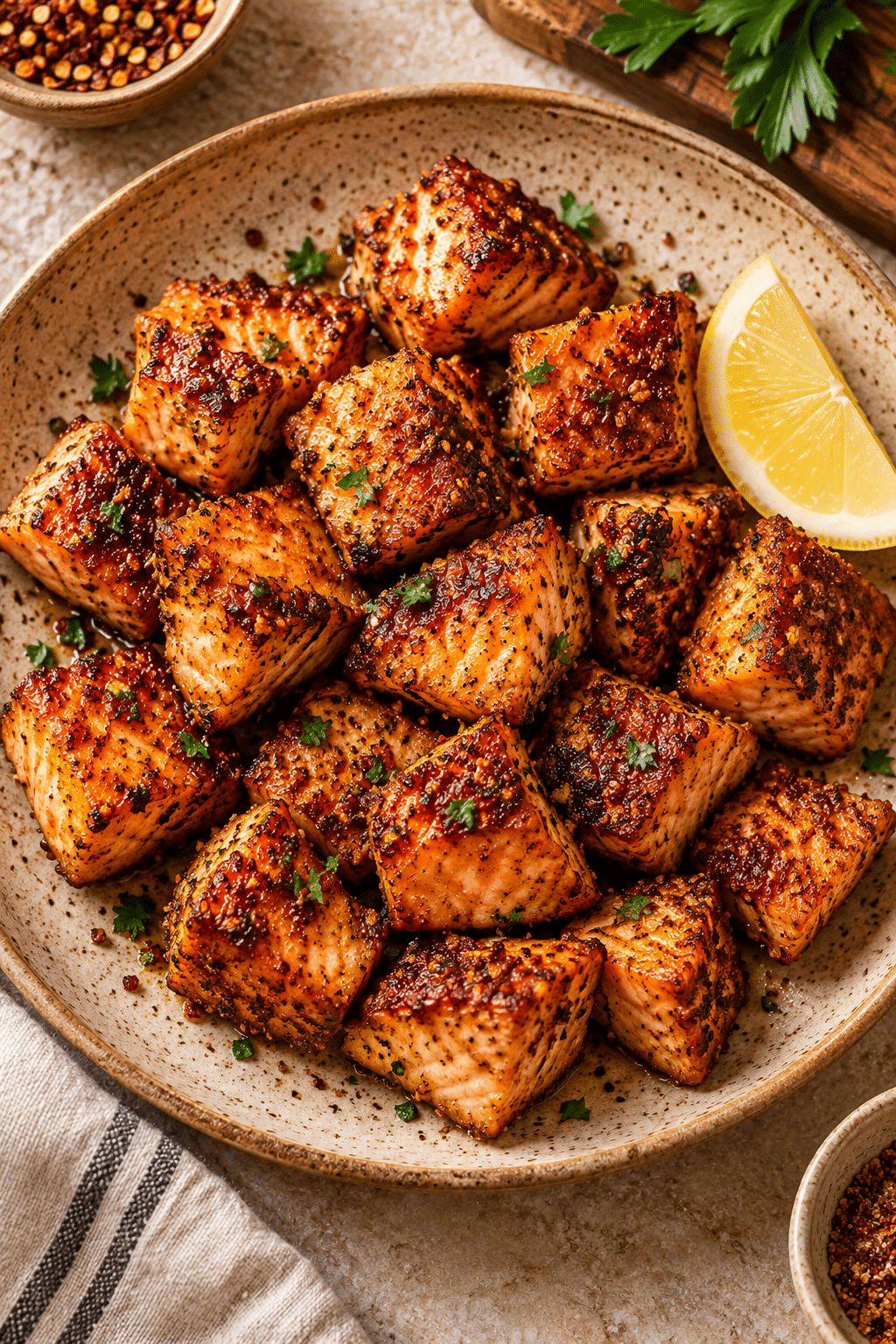 Crispy spicy salmon bites on a serving plate