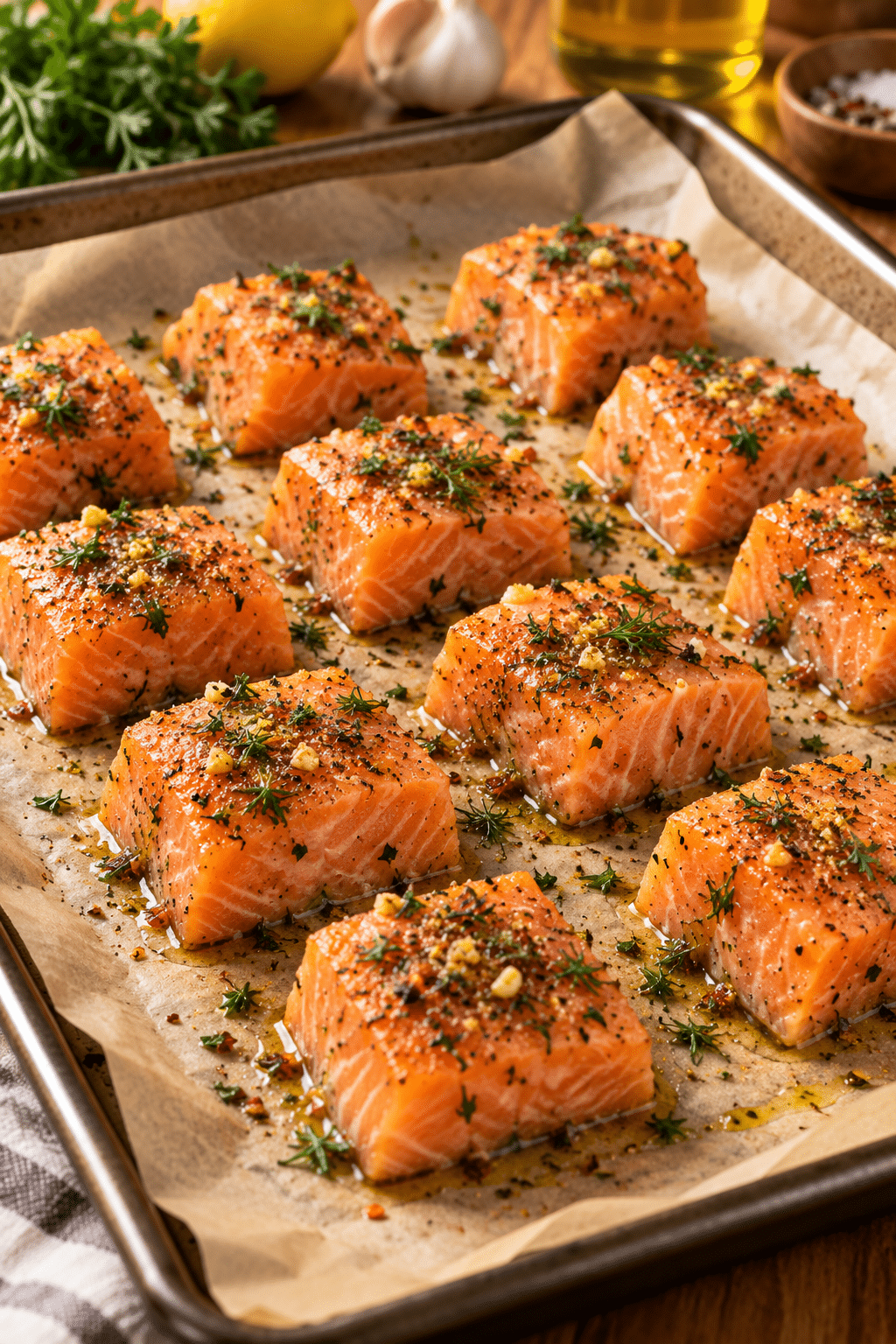 Seasoning and baking crispy spicy salmon bites