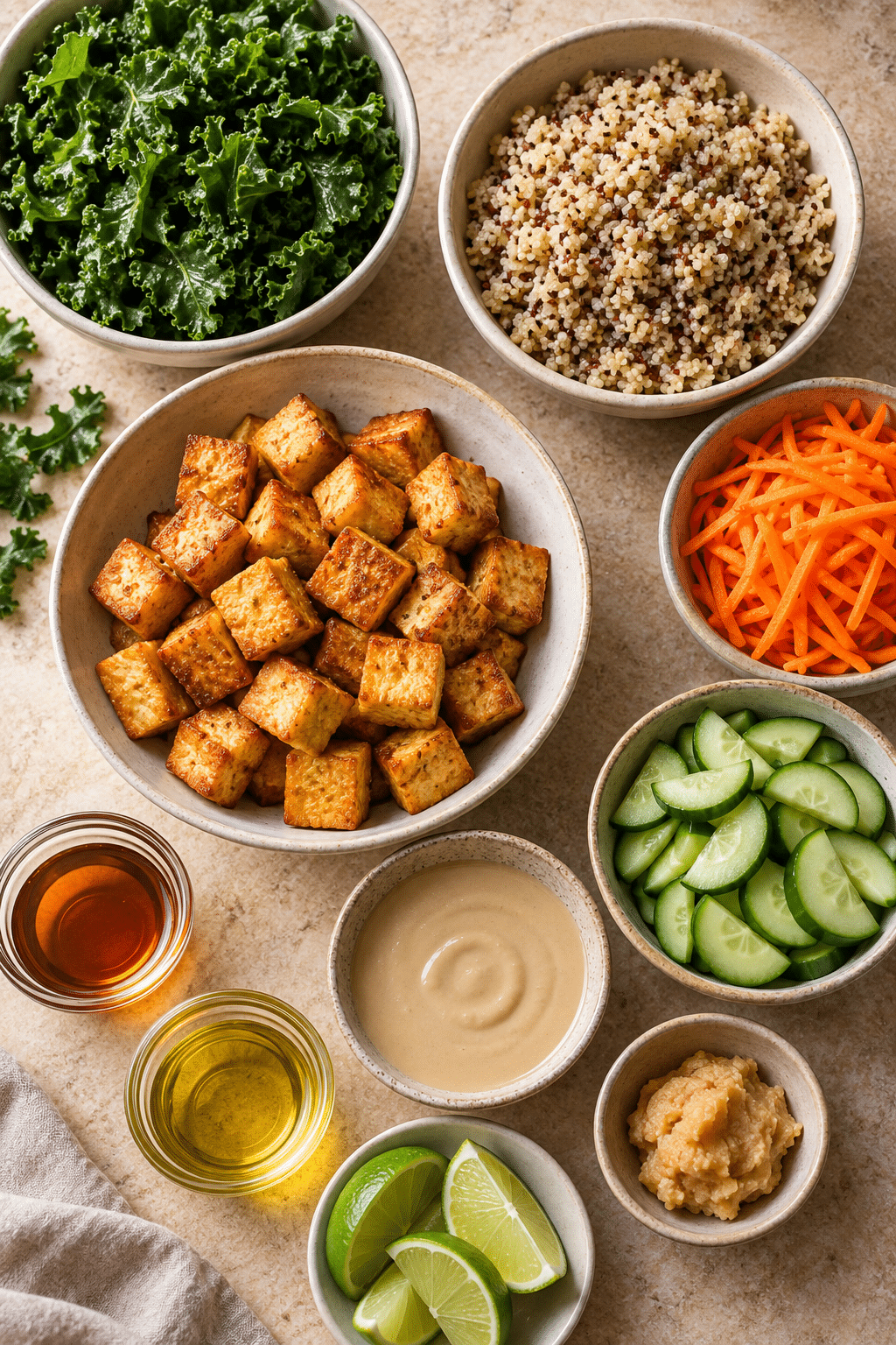 Crispy tofu salad meal prep ingredients