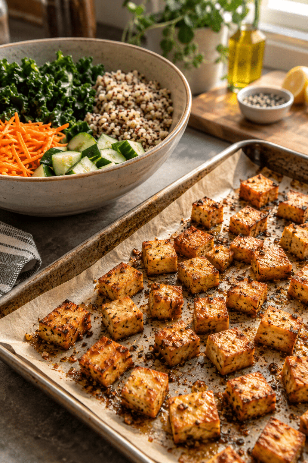 Preparing crispy tofu salad meal prep