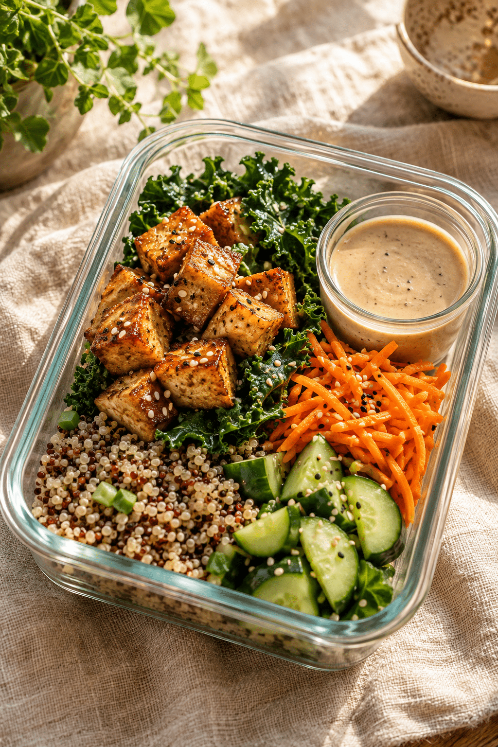 Finished crispy tofu salad meal prep