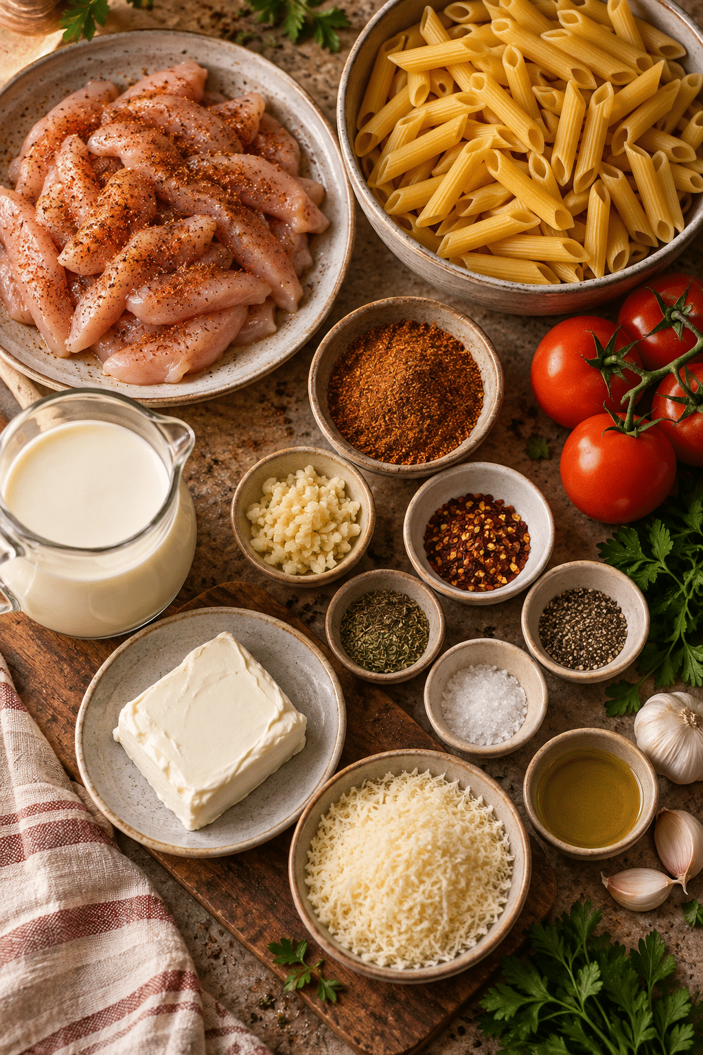 creamy Cajun chicken pasta ingredients measured and arranged