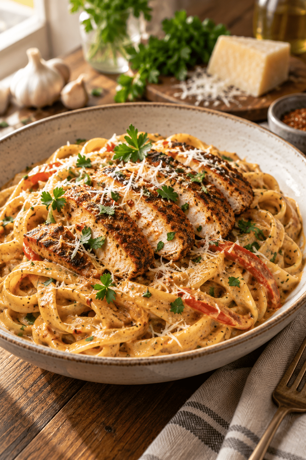 creamy Cajun chicken pasta served with Parmesan and parsley