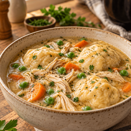 Crockpot chicken and dumplings in a creamy bowl