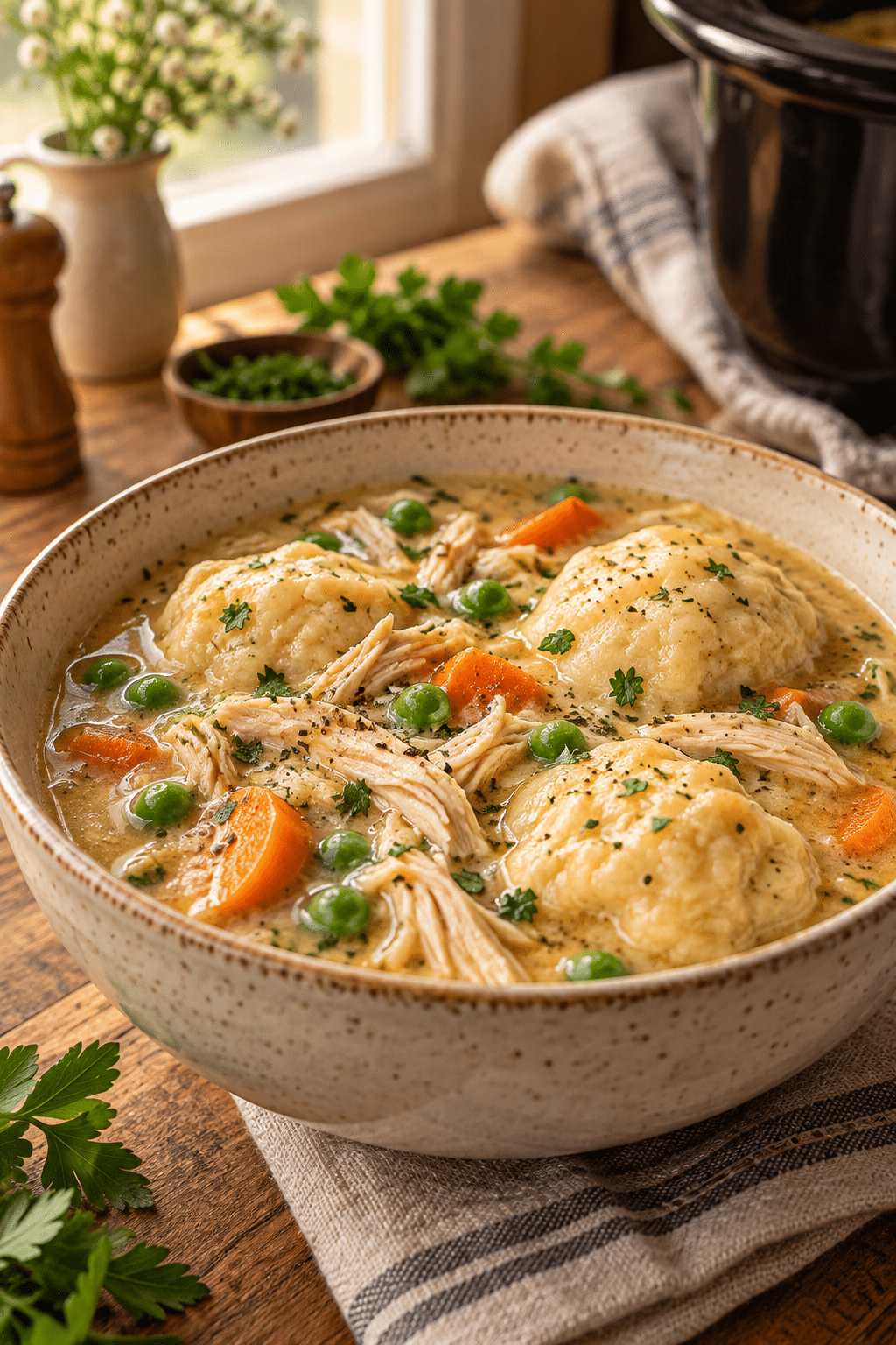 Crockpot chicken and dumplings in a creamy bowl