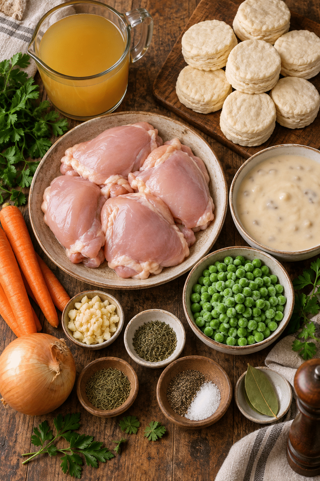 Crockpot chicken and dumplings ingredients arranged for cooking