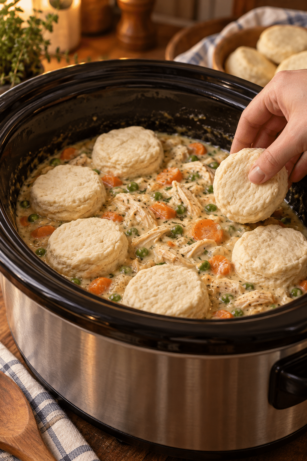Crockpot chicken and dumplings preparation with biscuit dumplings