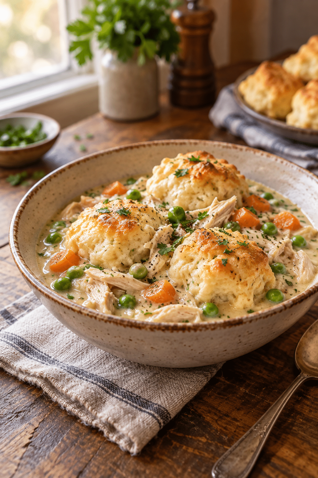Crockpot chicken and dumplings served warm