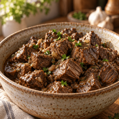 Crockpot steak bites served hot