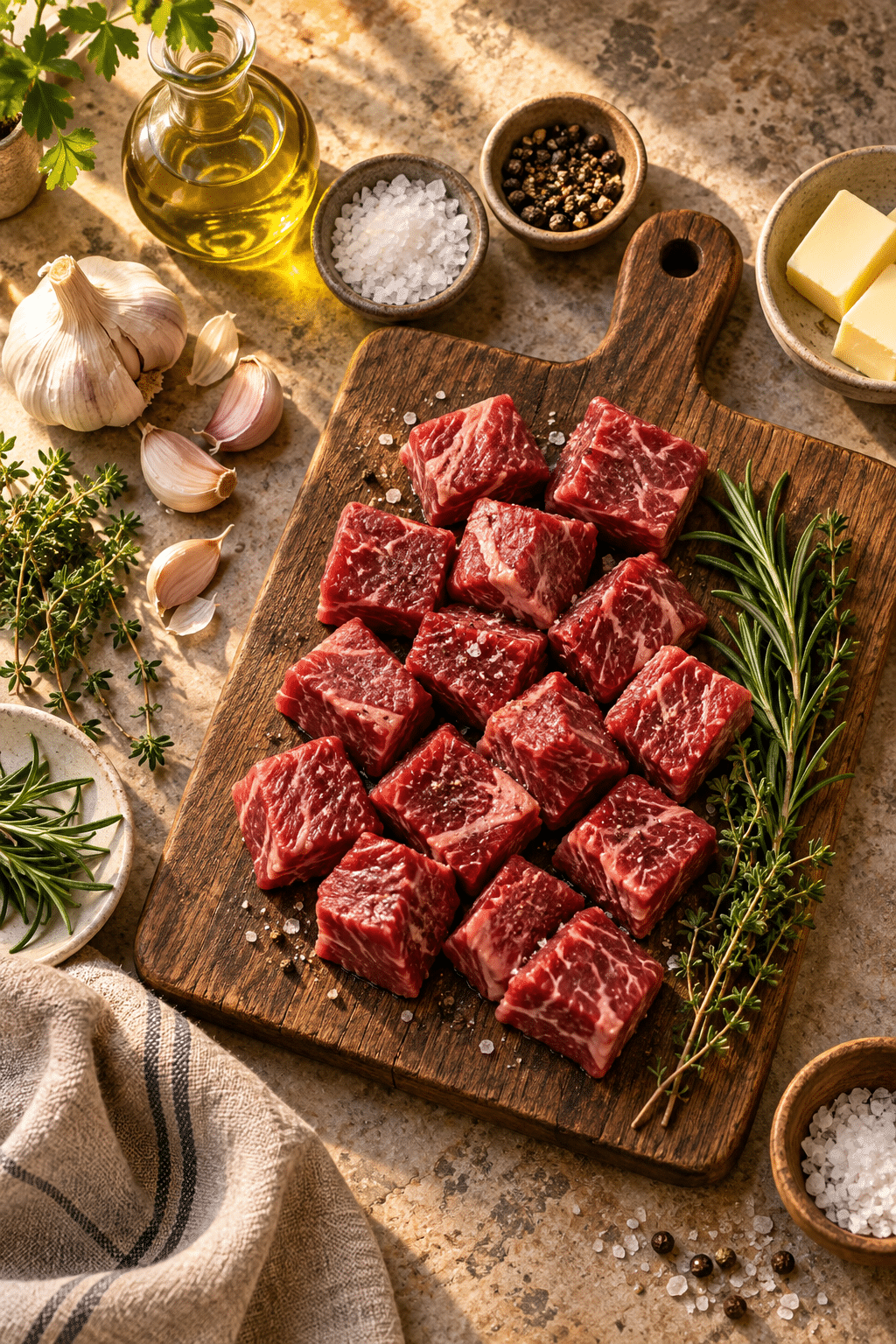 Crockpot steak bites ingredients arranged for prep