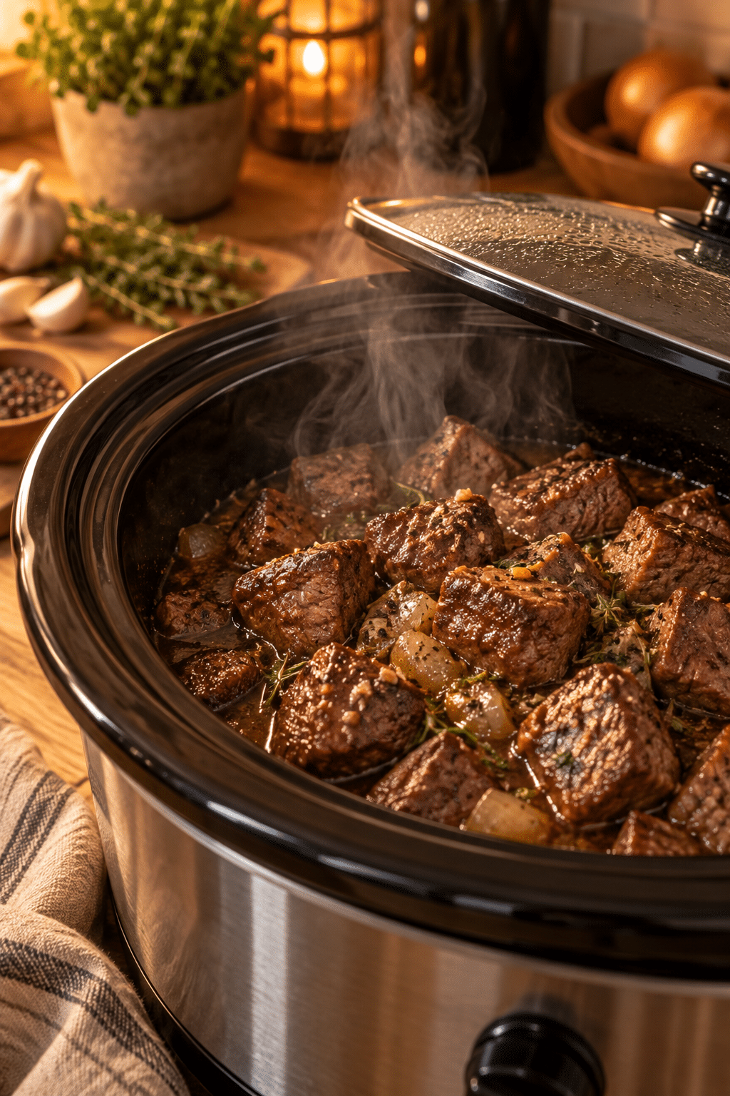 Crockpot steak bites cooking in the slow cooker