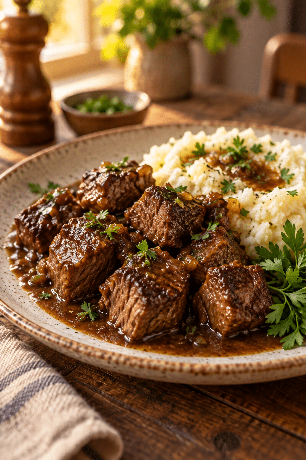 Tender crockpot steak bites ready to serve