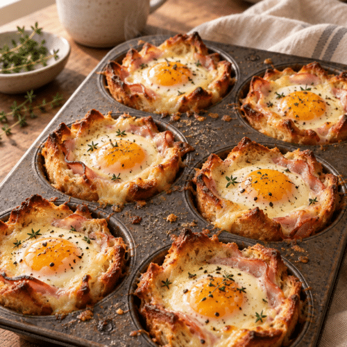 croque madame breakfast cups with ham egg and Gruyere