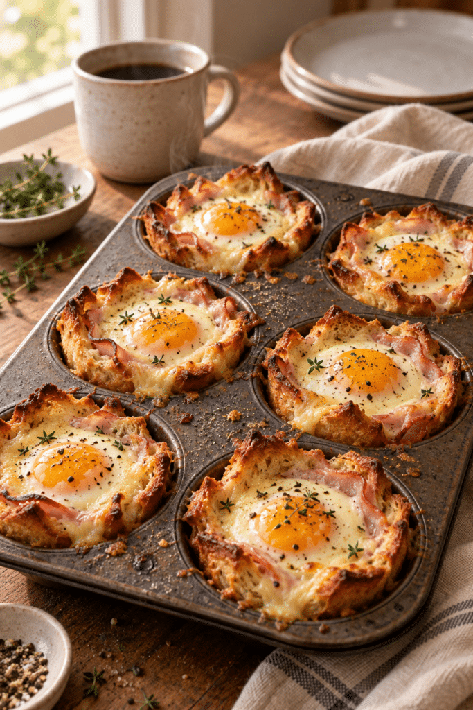croque madame breakfast cups with ham egg and Gruyere