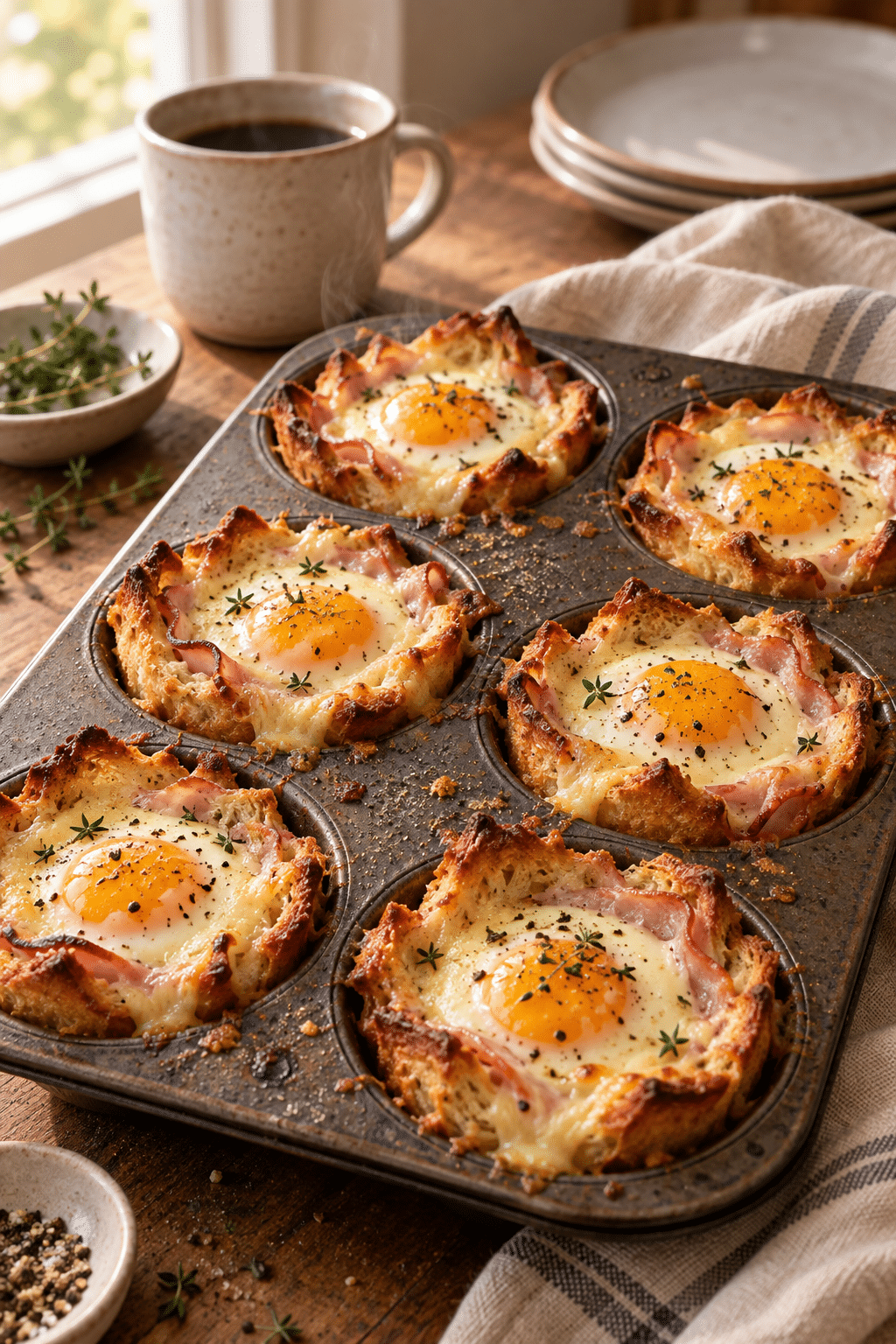 croque madame breakfast cups with ham egg and Gruyere