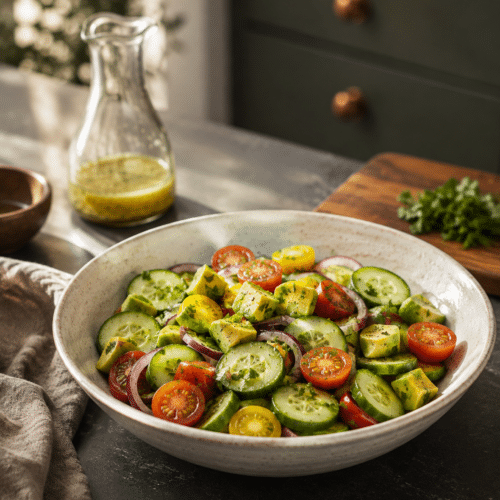 Cucumber tomato avocado salad in a ceramic bowl