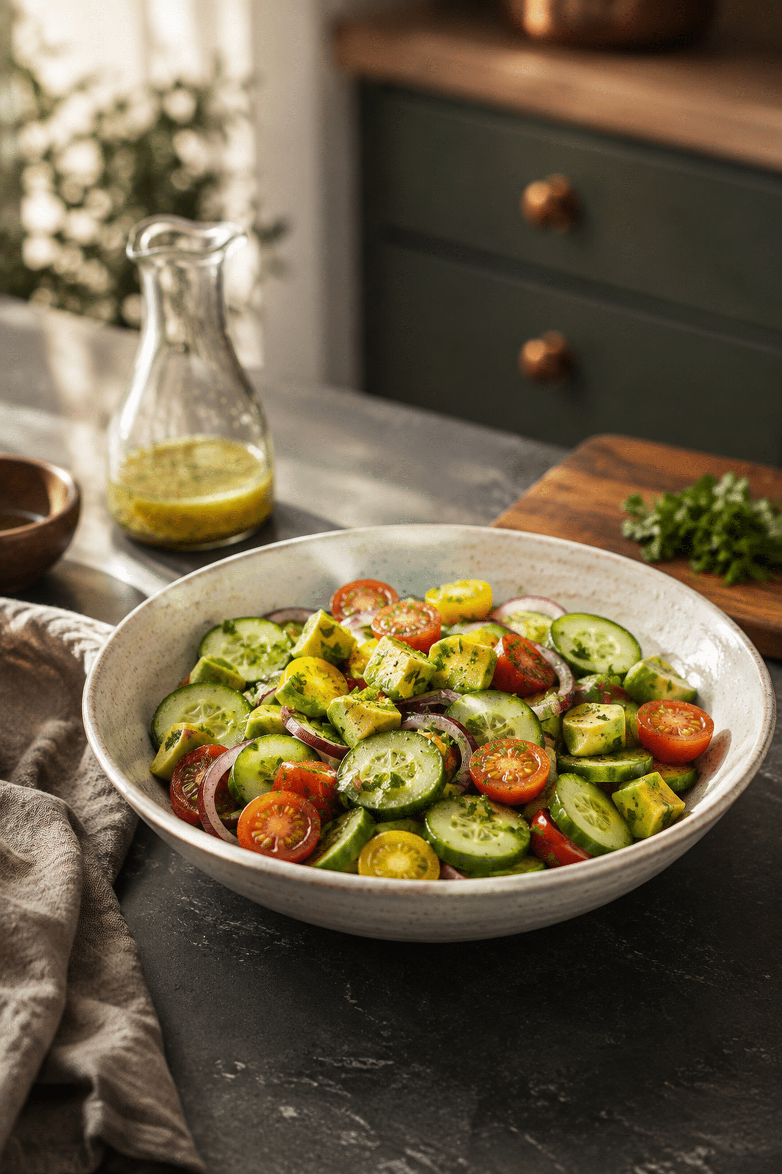 Cucumber tomato avocado salad in a ceramic bowl