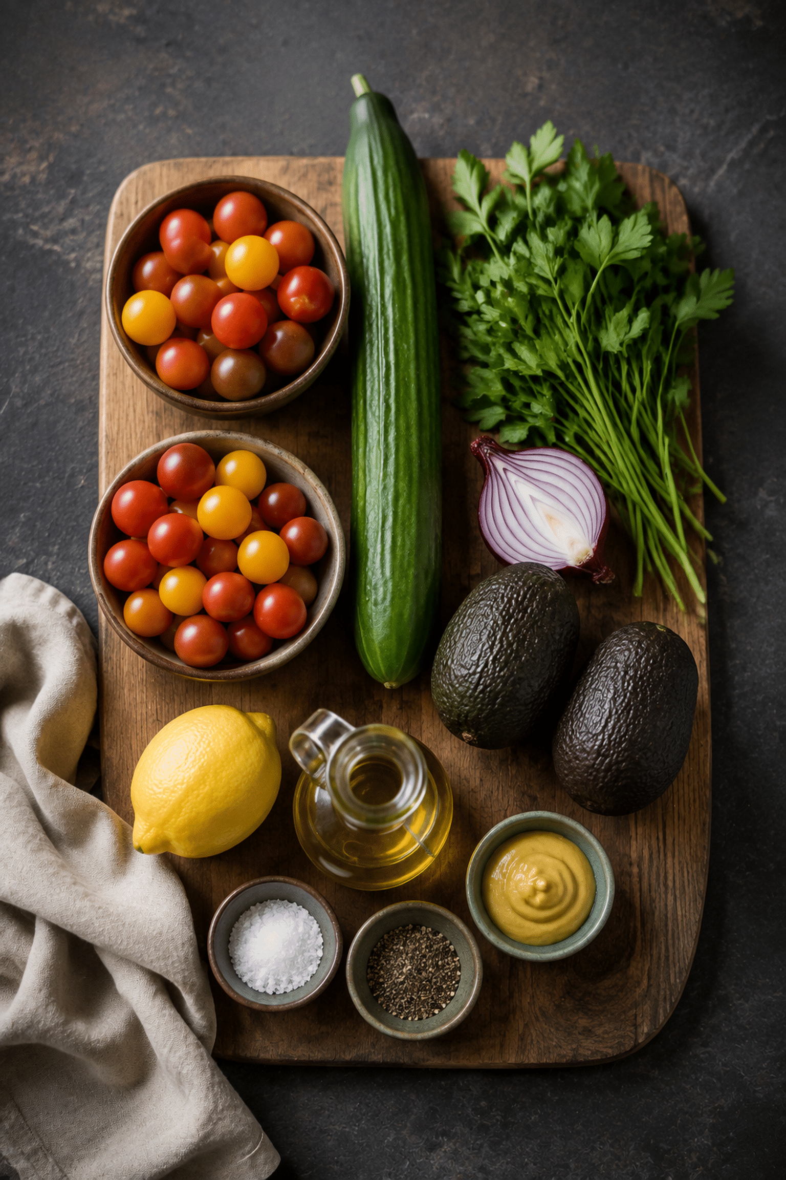 Ingredients for cucumber tomato avocado salad arranged overhead