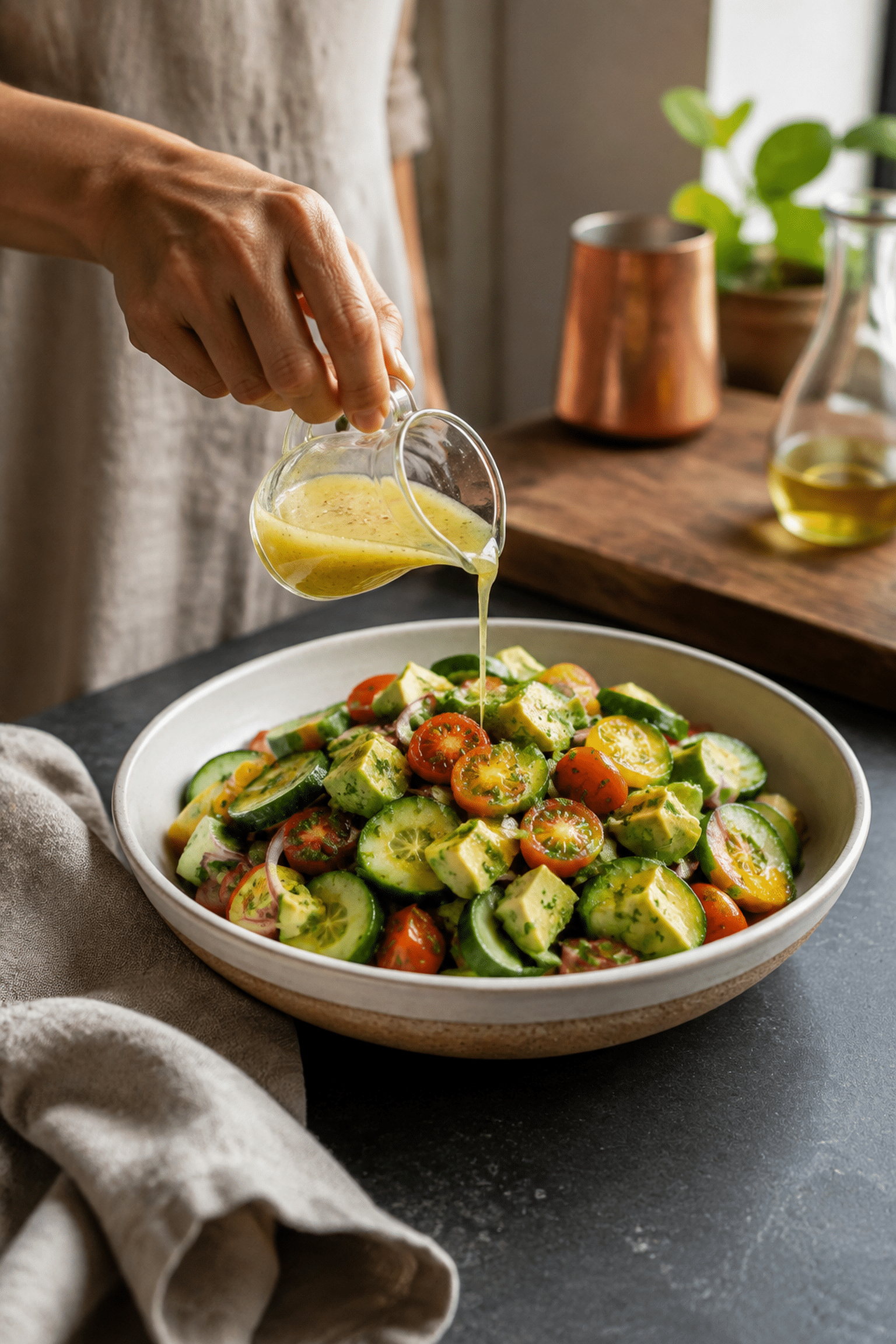 Lemon vinaigrette poured over cucumber tomato avocado salad