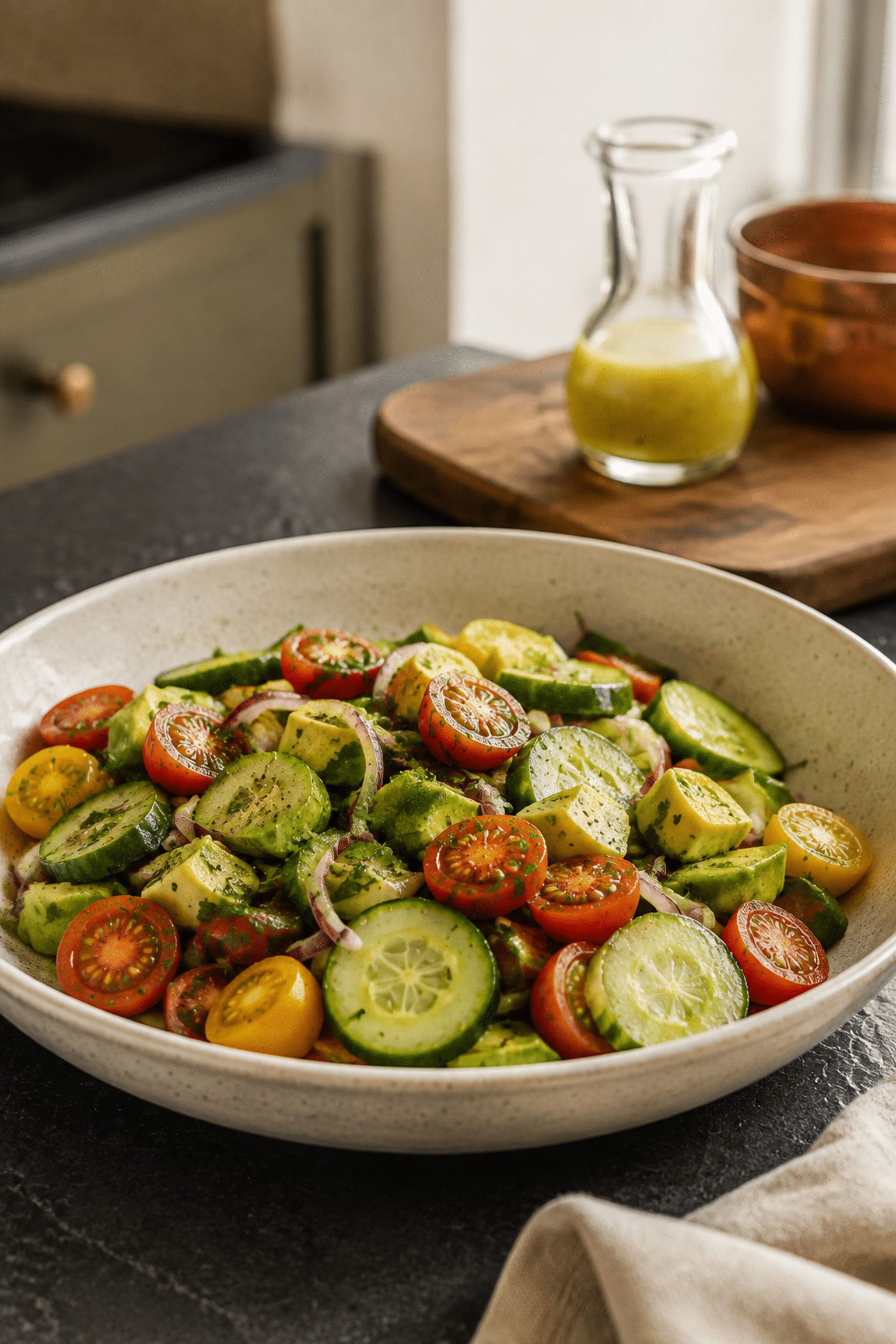 Finished cucumber tomato avocado salad with fresh parsley