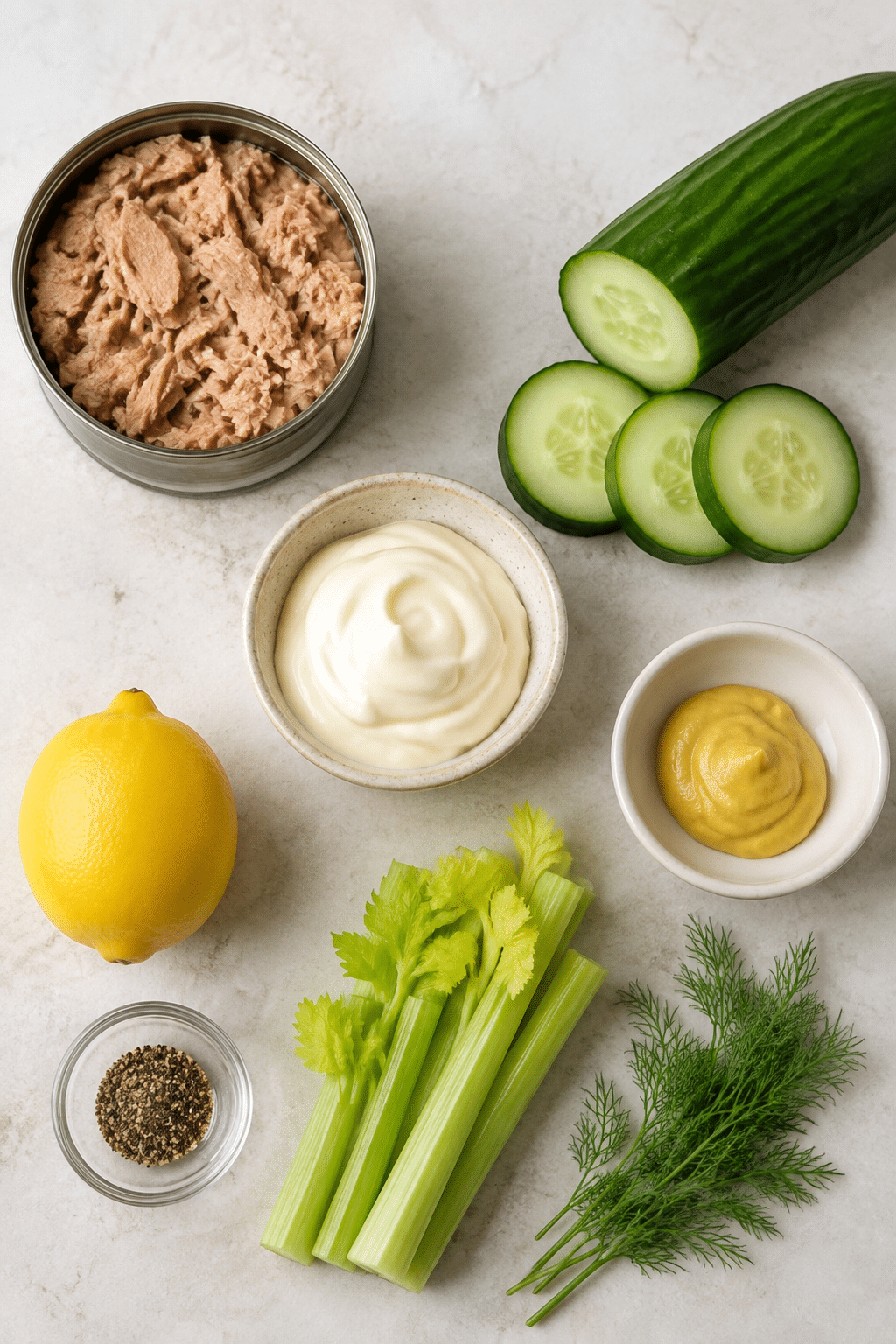 cucumber tuna bite ingredients arranged on a pale counter