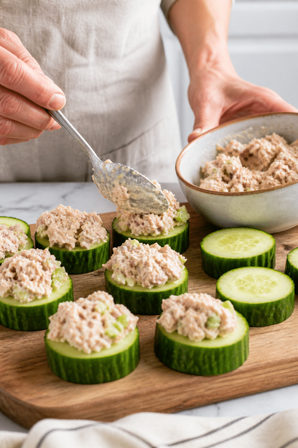tuna salad being spooned onto fresh cucumber rounds