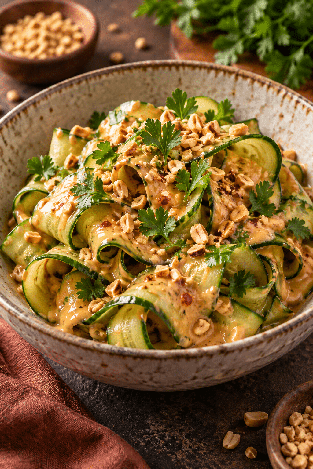 cucumbers in spicy peanut sauce served