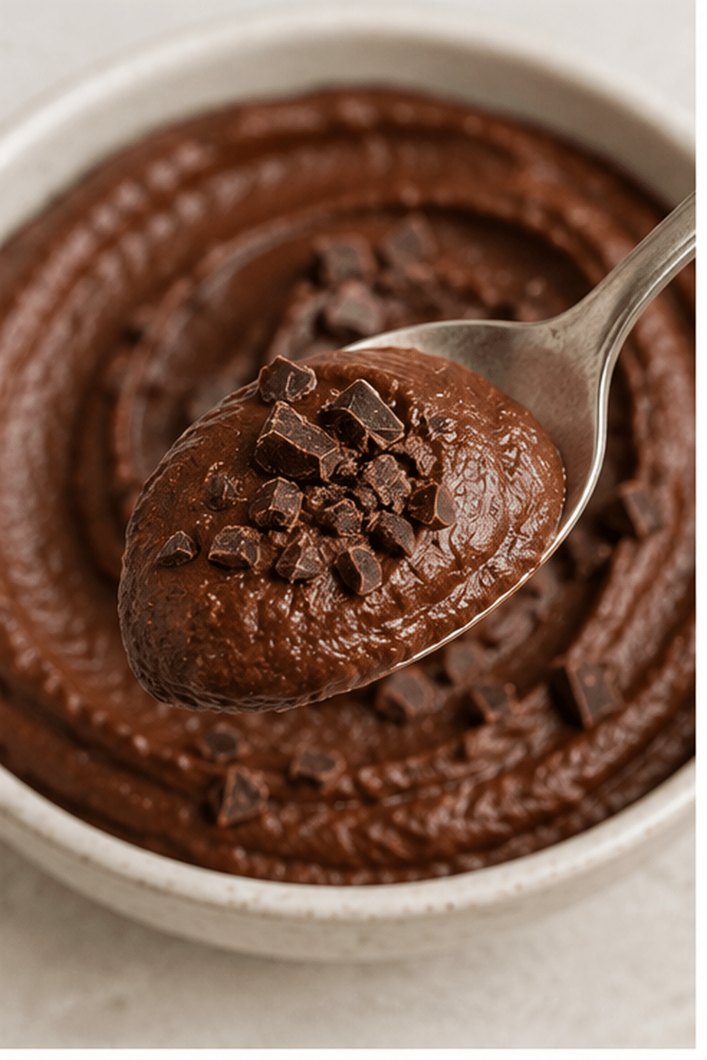 Finished dark chocolate hummus shown close up