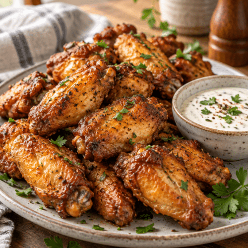 easy air fryer chicken wings on a serving plate