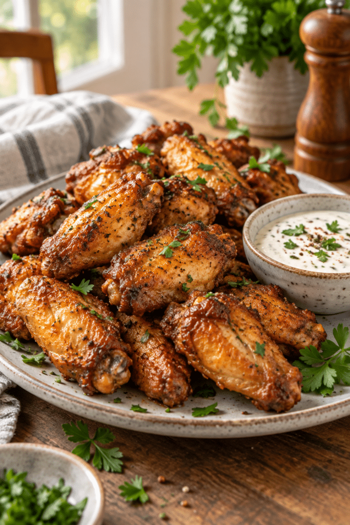 easy air fryer chicken wings on a serving plate