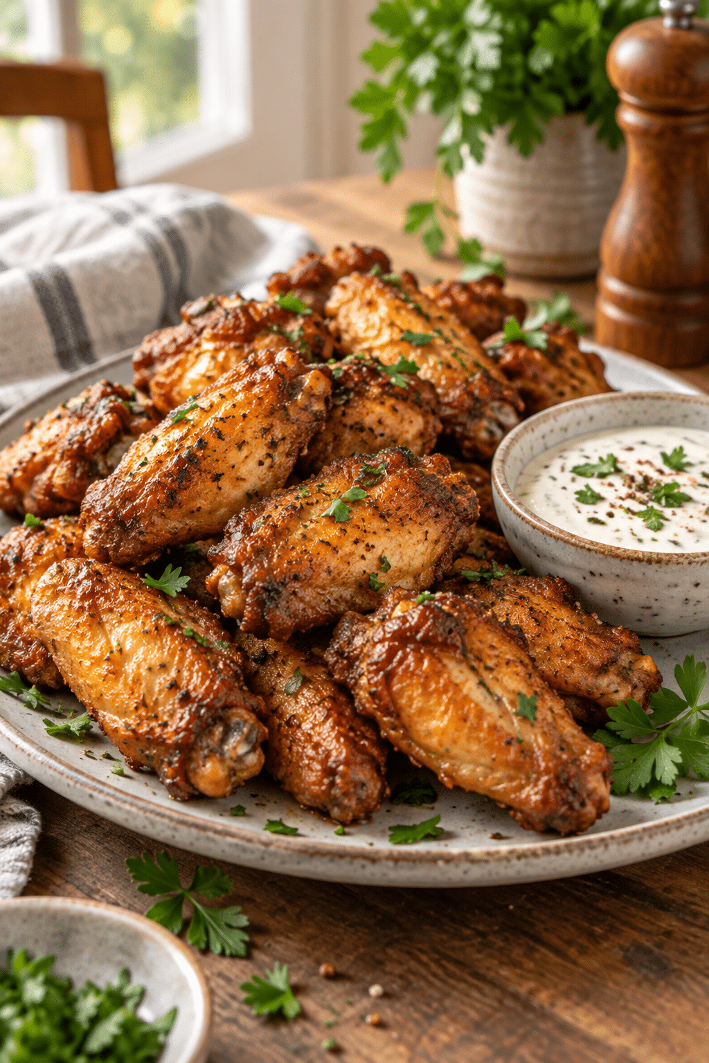 easy air fryer chicken wings on a serving plate