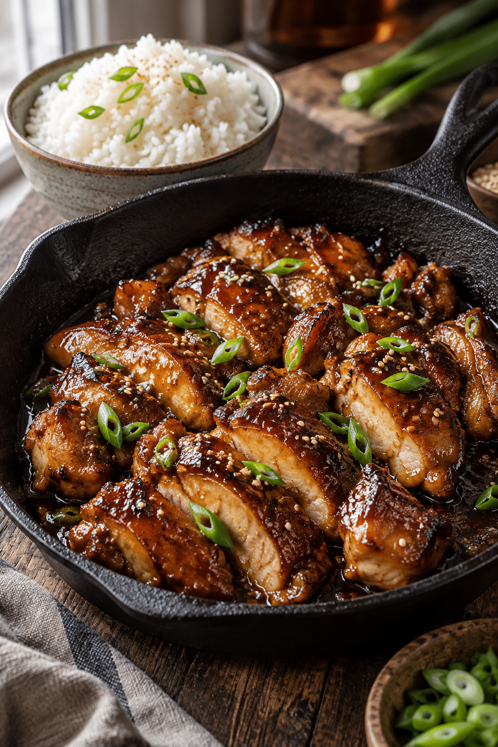 bourbon chicken served with glossy sauce