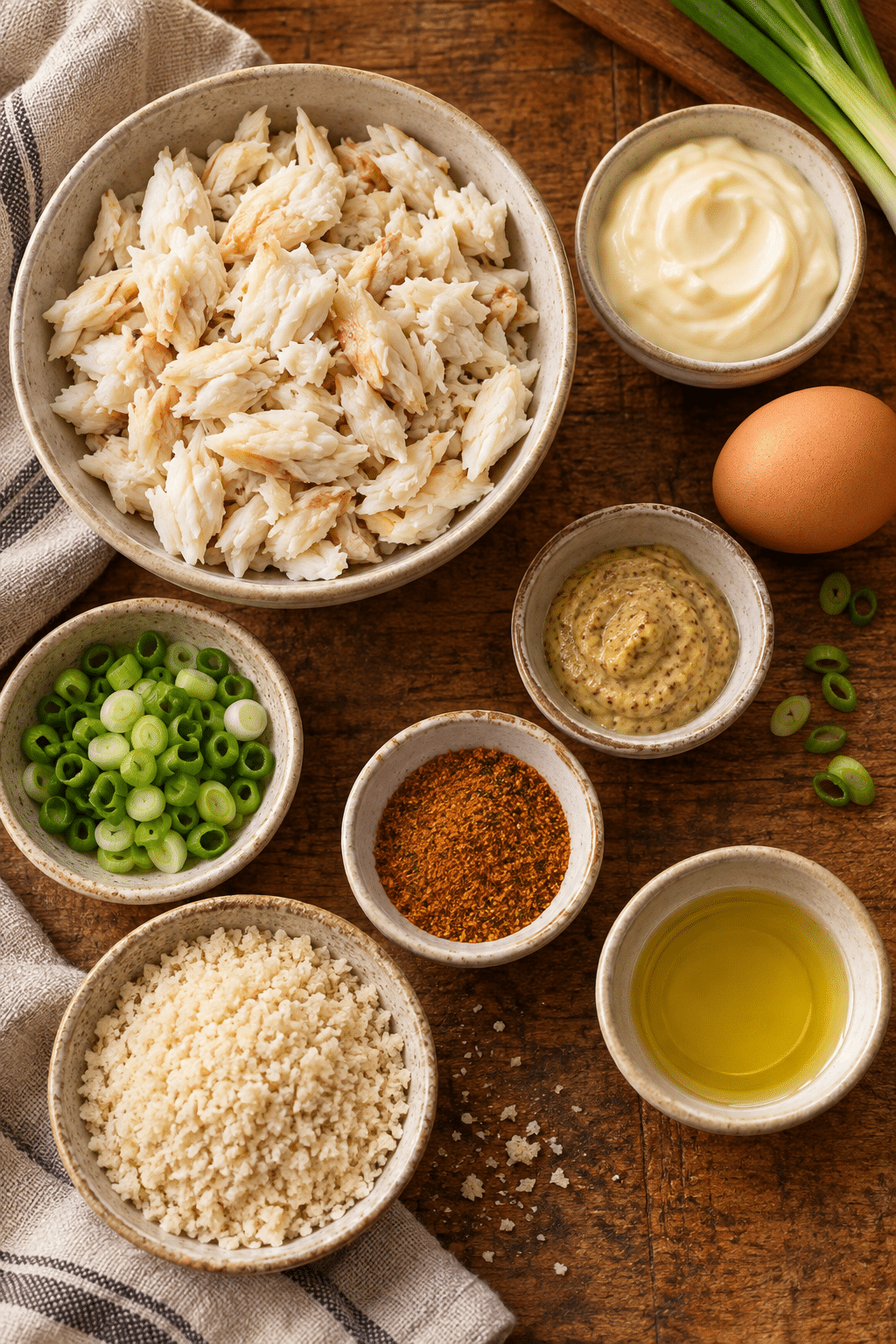 easy crab cakes ingredients arranged for mixing