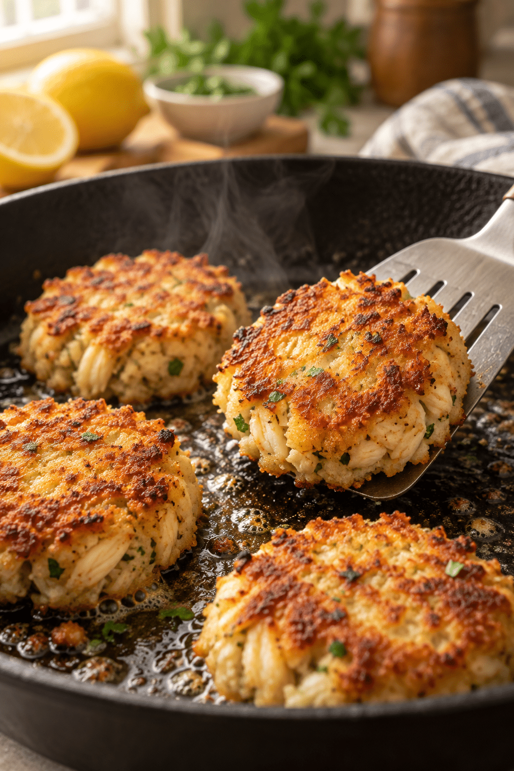 easy crab cakes cooking in a skillet