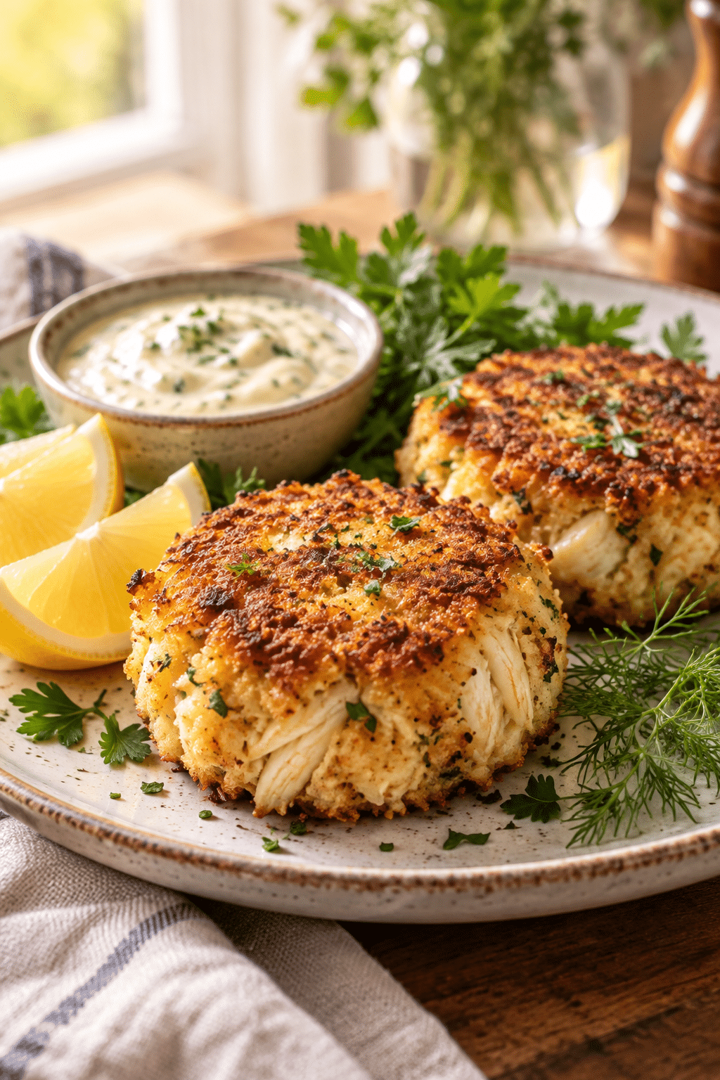 easy crab cakes served with lemon and sauce