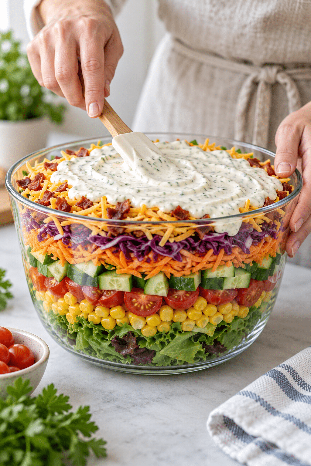 Spreading dressing on easy layered salad
