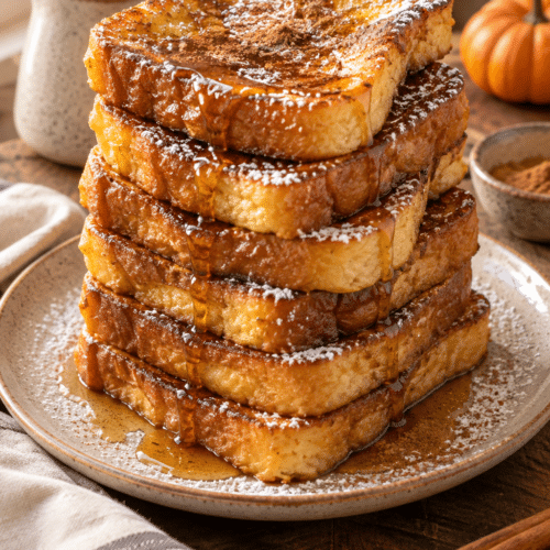 Eggnog French Toast stacked with powdered sugar and maple syrup